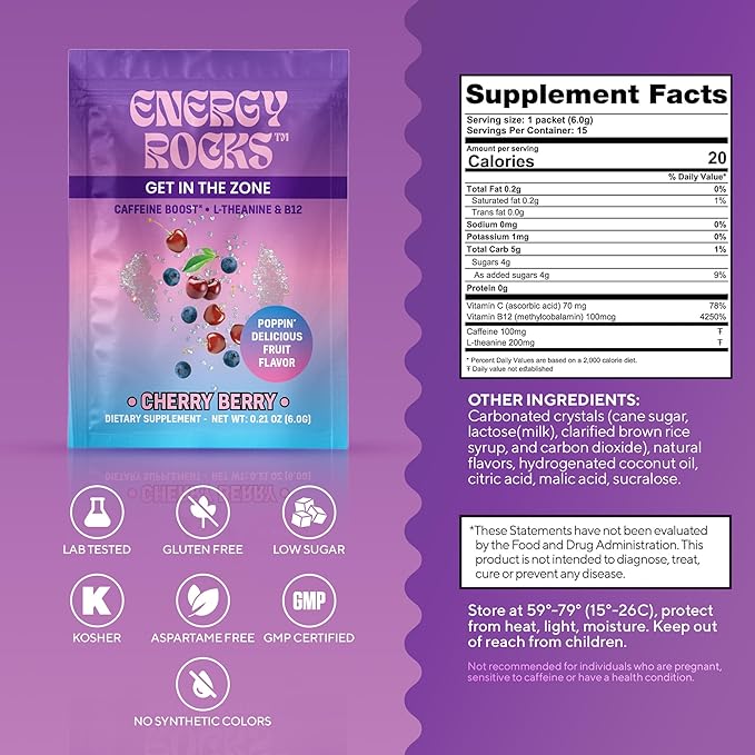 Caffeine Candy – Popping Energy Candy Crystals,100mg Caffeine L-Theanine & B12, – Fast Energy, No Drink Needed – Coffee Alternative 15-Pack (Cherry Berry)