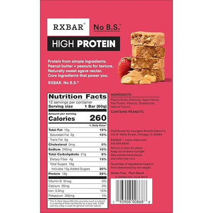 RXBAR High Protein Bars, Gluten Free, Protein Snacks, Strawberry Peanut Butter, 25.3oz Box (12 Bars)