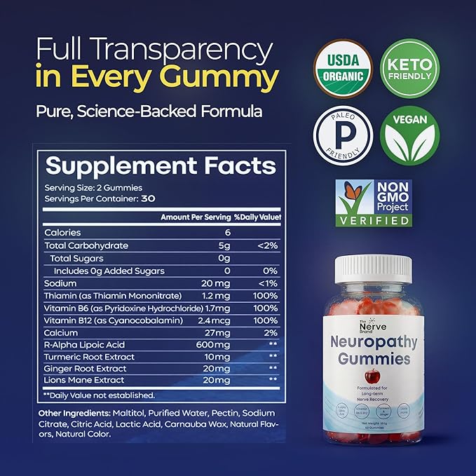 The Nerve Brand Neuropathy Support Gummies, 600 mg R Alpha Lipoic Acid Gummies with B1 B6 B12 and Lion’s Mane, Sugar Free Daily Nerve Health Supplement, 30 Day Supply