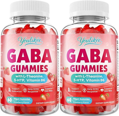 2 Pack GABA Gummies 500mg with L-Theanine, 5-HTP, Vitamins B6, B12, D3 and Ashwagandha, Melatonin-Free, GABA Supplements for Adult, Sugar-Free, Strawberry Flavor, 120 Count