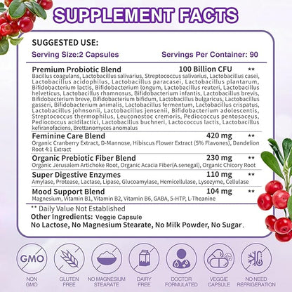 ZEBORA Probiotics for Women Digestive Health with Enzymes, Prebiotics, Vaginal Probiotics, D Mannose & Cranberry, 100 Billion CFUs Probiotic for Gut Health & Urinary Tract Balance, 180 Veggie Capsules