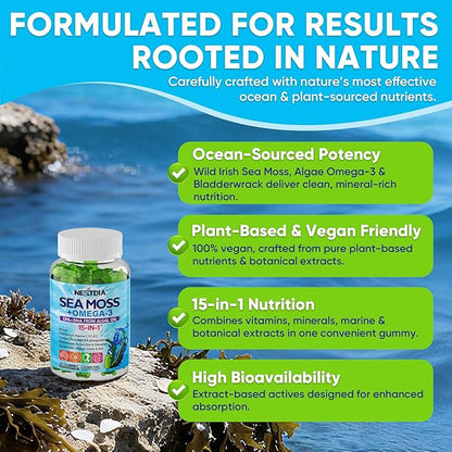 Sea Moss Gummies + Algae Omega-3 for Men Women, Sugar-Free Vegan 15-IN-1 Irish Seamoss Superfood with/EPA DHA, Vitamins B12 D3, Turmeric, Elderberry, Burdock Root, Support Energy, Brain, Immune 1 Pack