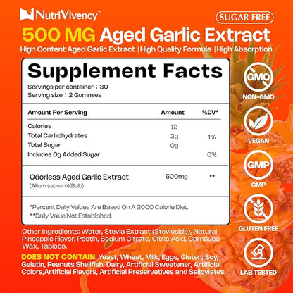 Aged Garlic Extract Gummies, 500mg Odorless Aged Garlic Supplements, Sugar Free, Vegan, Non-GMO, Pineapple Flavor, 60 Gummies