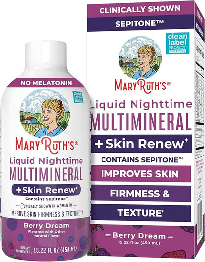 MaryRuth's Liquid Nighttime Liquid Multimineral + Skin Renew | Clinically Shown in Women to Reduce Fine Wrinkle & Improve Skin Firmness | Sepitone | NO Melatonin | Magnesium | Vegan | 15 Servings