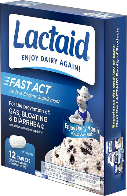Lactaid Fast Act Lactose Intolerance Relief Caplets with Lactase Enzyme to Prevent Gas, Bloating & Diarrhea Due to Lactose Sensitivity, Ideal for Travel & On-The-Go, 12 Packs of 1-Count