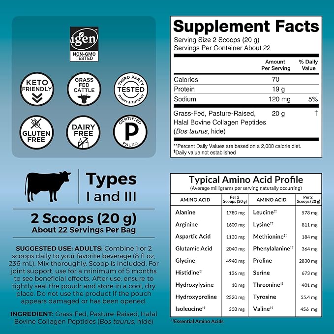 Viva Naturals Collagen Peptides Powder - Grass-Fed Hydrolyzed Bovine, Type I & III - 19 g Protein, Unflavored, Easy Dissolving - Joint, Skin, Hair & Nail Support - Paleo, Keto, Non-GMO - 1lb