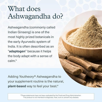 Youtheory Ashwagandha - with Organic KSM-66 Ashwagandha - Herbal Blend to Support Stress Relief & Energy Levels* - Helps Support Mood* - 1,000 mg - 90 Vegetarian Capsules (45-Day Supply)