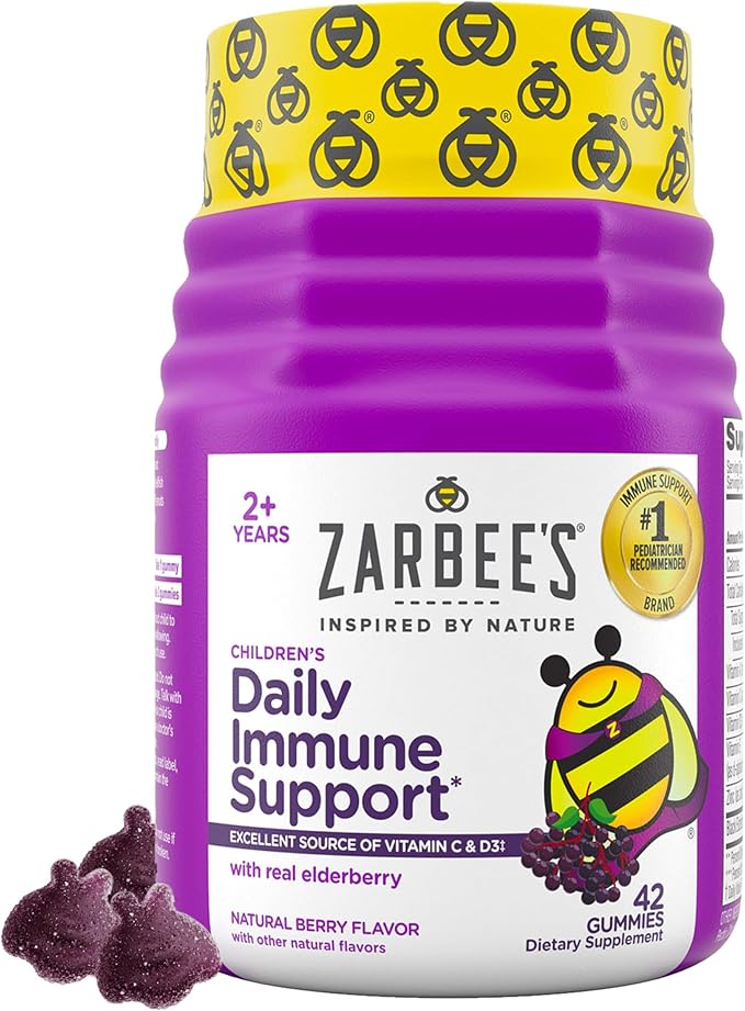 Zarbee’s Kids Elderberry Immune Support Supplement Gummies, Vitamins A C D3 E & Zinc, Elderberry Extract, Gluten & Gelatin Free, No Artificial Flavors, Natural Berry Flavor, Ages 2+, 42 Ct