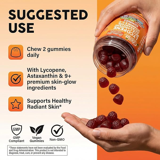 Sunless Glow Lycopene Beta Carotene Tanning Gummies Astaxanthin Vitamin C D E Flax Seed Selenium Amla l Tyrosine PABA Black Pepper 60 Count Strawberry Banana Flavor By Clean Nutra