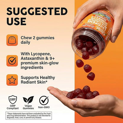 Sunless Glow Lycopene Beta Carotene Tanning Gummies Astaxanthin Vitamin C D E Flax Seed Selenium Amla l Tyrosine PABA Black Pepper 60 Count Strawberry Banana Flavor By Clean Nutra