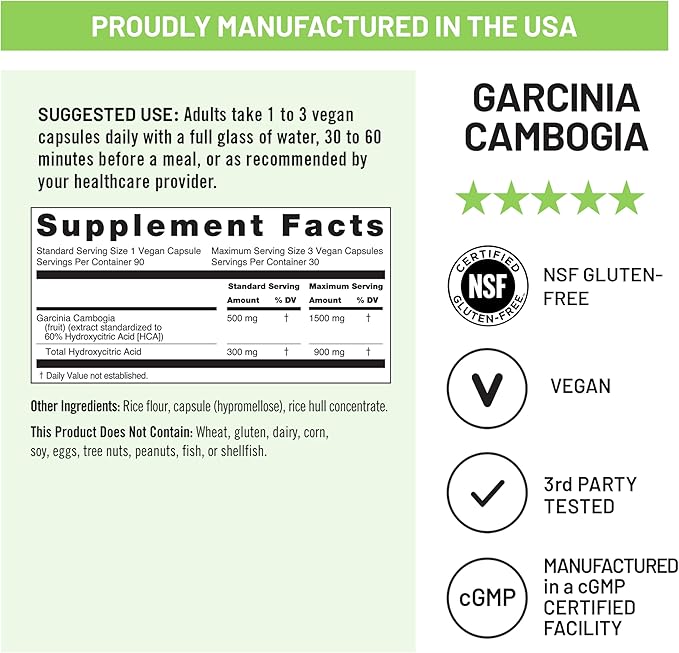 Naturewise Garcinia Cambogia - 60% HCA Concentration Extract, Natural Support for Weight Goals and Energy Levels - Vegan, Non-GMO, Gluten Free - 90 Capsules[1-3 Month Supply]