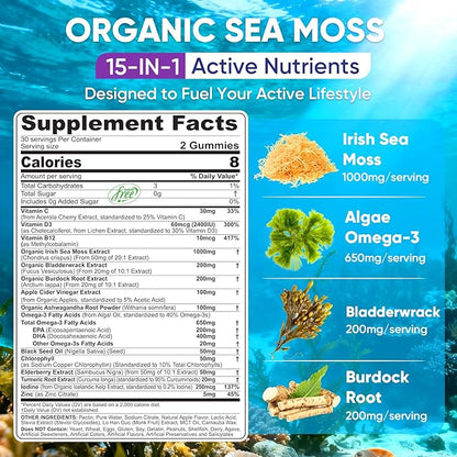 2 Pack Sea Moss Gummies for Men Women, Vegan 15-IN-1 Irish Seamoss Superfood with/Bladderwrack & Burdock Root, Turmeric, Elderberry, Vitamins B12 D3, EPA DHA, Sugar-Free, Support Energy, Brain, Immune