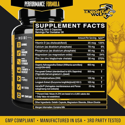 Night Wolf Supps KSM-66 Organic Ashwagandha 600mg, Fenugreek, Natural Anabolic and Muscle Support - with AstraGin for High Absorption - USA Made & Non GMO 3rd Party Tested - 90 Capsules