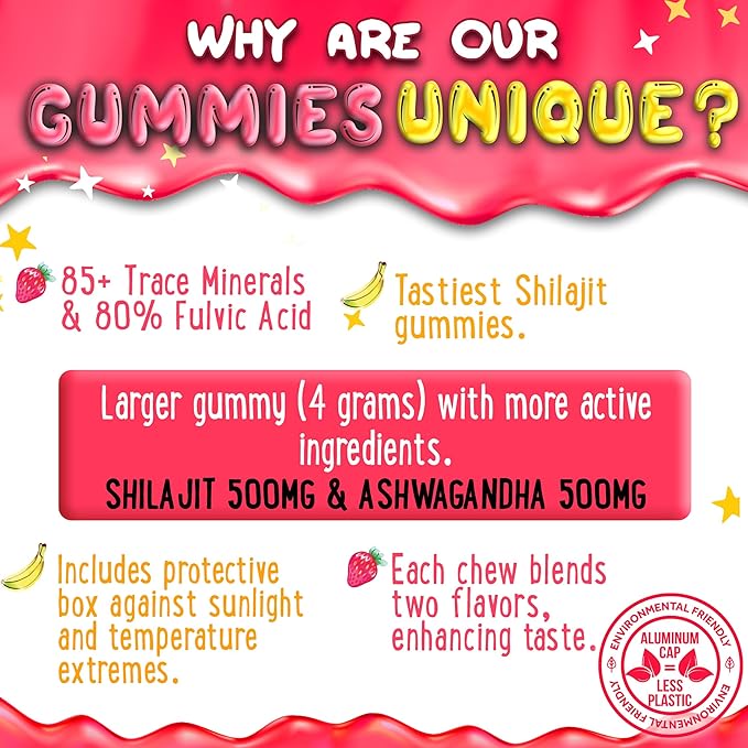 OH MY CHEWY Pure Himalayan Shilajit Gummies - High Potency Gold Grade Resin - Energy Boost and Immune Support for Men and Women with Ashwagandha and Shatavari - 60 Gummy - Strawberry & Banana