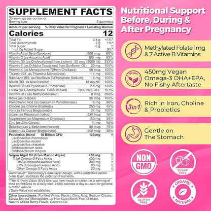 Prenatal Vitamins for Women Multivitamin Gummies w/ Methylfolate 1mg, Choline Omega-3(DHA+EPA) Iron, Postnatal Vitamins for Women Breastfeeding | Before,During & After Pregnancy,Sugar Free,Vegan,60Cts