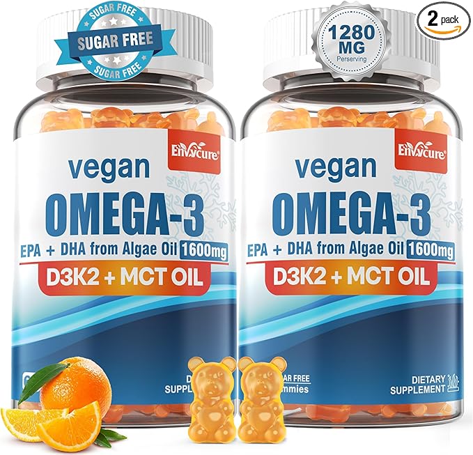 Vegan Omega 3 Gummies 1280mg + Vitamin D3 K2 (MK7), Omega 3 Fish Oil Alternative for Adults, w/Algae EPA 600mg & DHA 400mg, MCT Oil - No Fish Taste - for Brain, Eye, Immune Health, Sugar Free, 2 Pack
