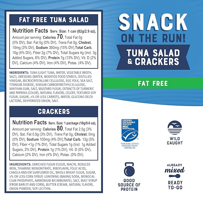 Bumble Bee Snack On The Run Fat-Free Tuna Salad with Crackers Kit- Ready to Eat, Spoon Included - Wild Caught Tuna - Shelf Stable & Convenient Protein Snack, 3.5 Ounce Boxes (Pack of 12)