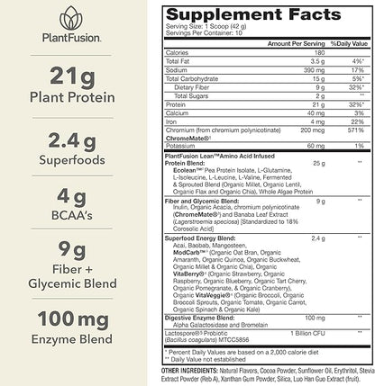 PlantFusion Complete Lean Plant Based Protein Powder - Prebiotic Fiber, Superfoods & Digestive Enzymes - Vegan, Gluten Free, Soy Free, Non-GMO - Chocolate Brownie 1 lb