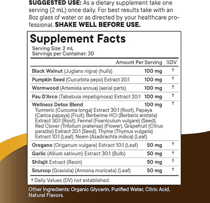 Black Walnut Wormwood Cleanse Drops - Liquid Soursop, Garlic, Pumpkin Seed, PAU D'Arco, Oil of Oregano, Turmeric, Berberine, Neem Extract, Hull Bark, Tincture - 2oz