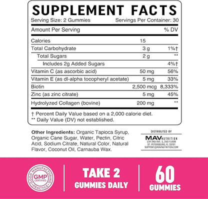 Collagen Gummies for Women | 200mg Hydrolyzed Collagen + 2500mcg Biotin, With Vitamin C, E & Zinc | Anti Aging, Hair Growth, Skin, Strong Nails | Non-GMO Gummy Vitamin Supplements | 60 Count