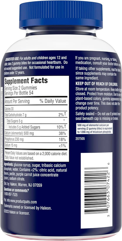 TUMS Gummy Bites Dietary Supplement for Occasional Heartburn Relief, Upset Stomach and Acid Indigestion, Great for a Summer BBQ - Cherry Berry Burst - 108 Count (Pack of 2)