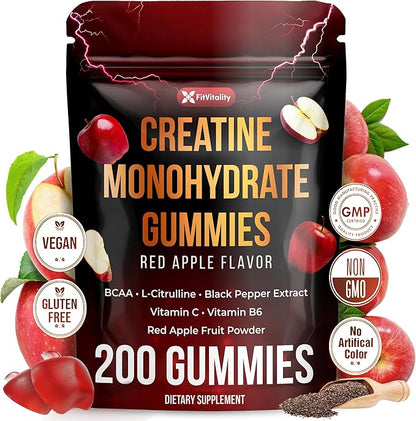 Premium 200 Gummies Creatine Gummies - Formulation with Creatine, Vitamin C & B6 - Vegan, Non-GMO, Sugar-Free, Red Apple Flavor