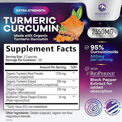 Turmeric Curcumin Supplement - 1750mg Organic Turmeric Per Serving - 95% Curcuminoids, Ginger & BioPerine Black Pepper for Best Absorption - Natural Vegan Joint Support, Bottled in USA - 360 Capsules