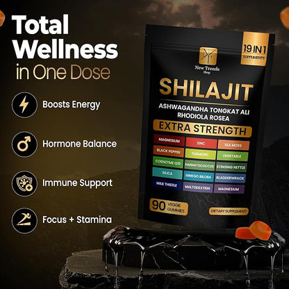 Shilajit Gummies 19 in 1 with Sea Moss, Ashwagandha, Tongkat Ali - Shilajit Pure Himalayan Organic Fulvic Acid Gummies- 90 Count