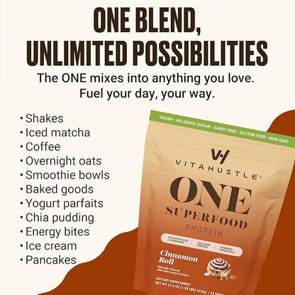 VitaHustle ONE Vegan Cinnamon Roll Protein Powder - 20g Plant Protein Meal Replacement with 86+ Superfoods & Greens, Probiotics + No Bloat Digestive Blend - Dairy Free, Gluten Free (15 Servings)