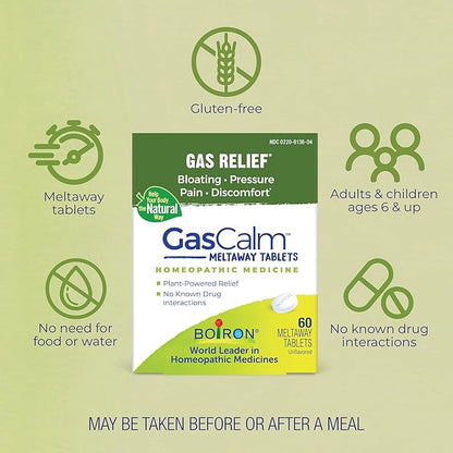 Boiron GasCalm Tablets for Relief from Gas Pressure, Abdominal Pain, Bloating, and Discomfort - 60 Count