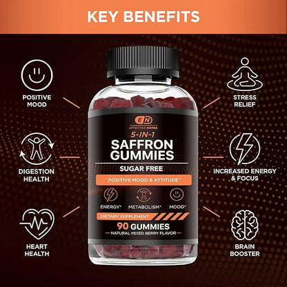 Effective Nutra Saffron Gummies for Adults 88.5mg - Mood Support & Stress Relief with GABA, Passion Flower - 5-in-1 Formula - Sugar-Free, Vegan, Non-GMO, Made in USA - 90 Count (45-Day Supply)
