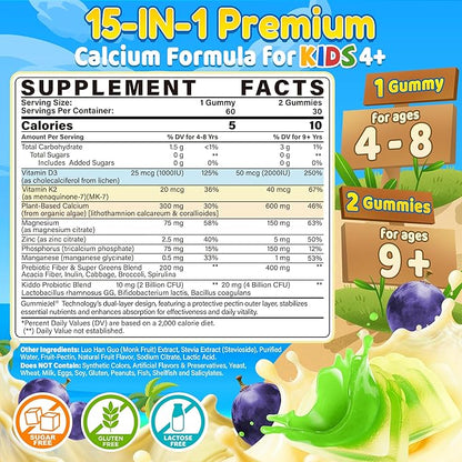 Kids Calcium Gummies + Vitamin D3 (1000IU/2000IU), K2, Magnesium, Phosphorus, Probiotic, Algae Calcium Supplement for Kids 4+ & Teens for Bones & Teeth, Extra Calcium Absorption, Sugar Free, 60 Counts