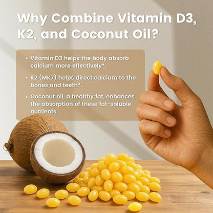 VEV Corefeel Vitamin D3 K2 10,000 IU, 200 mcg MK-7, 300 Coconut Oil Softgels, 2 in 1 Vitamins Supplement D & K (Include MK7), Easy to Swallow, Supports Calcium Absorption, Bone Health