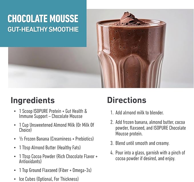 Isopure Protein + Gut Health & Immune Support Powder, Chocolate Mousse, 25g Whey Protein with Prebiotics & Vitamins, 12 Servings (Pack of 1)