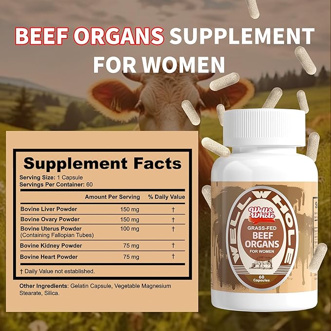 Well&Whole Grassfed Beef Organ Supplement Capsules, Organic Female & Male Bovine Organ Complex, Grass Fed & Pasture Raised, Total Body Wellness Support, 60 Capsules, 60 Days Supply
