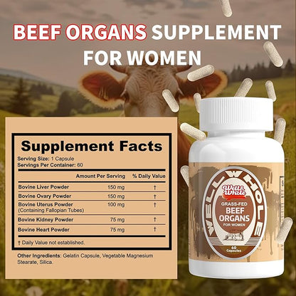 Well&Whole Grassfed Beef Organ Supplement Capsules, Organic Female & Male Bovine Organ Complex, Grass Fed & Pasture Raised, Total Body Wellness Support, 60 Capsules, 60 Days Supply