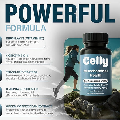 Celly Mitochondrial Health | Longevity Supplement for Cellular Nutrition and Healthy Aging | Promotes Mitochondria ATP Energy with CoQ10, Resveratrol & Green Coffee | Made in USA & 3rd Party Tested