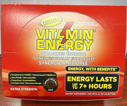Vitamin Energy Focus+ Extra Strength Energy Shot Tropical Infusion 12 Pack, 260mg Natural Caffeine, B-Vitamins, CoQ10, Amino Acids, Focus, Productivity & Clarity, Zero Sugar, Gluten-Free, 1.93 fl oz
