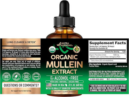 Mullein Drops for Lungs - USDA Organic Liquid - Mullein Leaf Extract Supplement - Made in USA - Lung & Bronchial Cleanse for Smokers - Respiratory Health Support - As Tincture, Tea, Pills - 2 fl oz