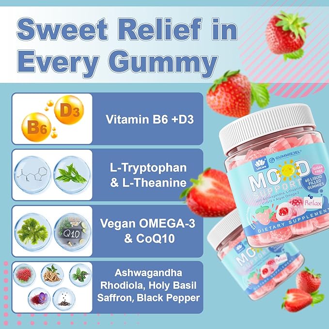 Sugar Free Ashwagandha Mood Support Filled Gummies for Women Men, Calm Gummy with Vitamin D3 B6, Vegan Omega 3, L-Theanine, CoQ10 & Rhodiola Rosea, Natural Relax Calming Supplement, Vegan, 120Cts