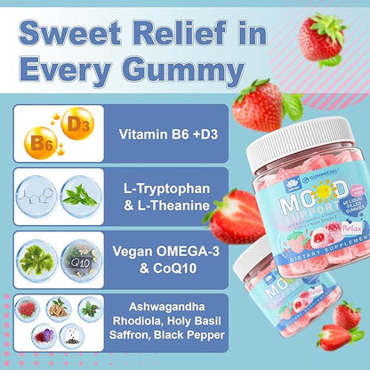 Sugar Free Ashwagandha Mood Support Filled Gummies for Women Men, Calm Gummy with Vitamin D3 B6, Vegan Omega 3, L-Theanine, CoQ10 & Rhodiola Rosea, Natural Relax Calming Supplement, Vegan, 120Cts