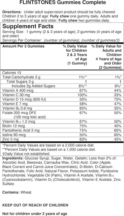 Flintstones Vitamins Complete Gummies, Kids Vitamins for Toddlers and Children, Kids Multivitamin Gummies with Vitamin A, B6, B12, C, E & Zinc, 180 Count