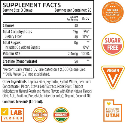 ZHOU Creatine Chews - Creatine Monohydrate Gummies for Men & Women with Vitamin B12, Sugar Free, Vegan, Organic, Non GMO, 5g Per Serving - Peach Mango Flavor, 20 Servings, 60 Chews