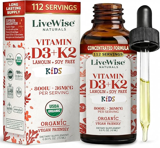 Live Wise Naturals Vitamin D3 K2 Kids Liquid Drops - 112 Servings, Ultra Concentrated Formulation, Fast Absorption 800 IU & 35 MCG for Calcium & Bone Support - Daily Nutritional Support Parents Trust