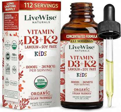 Live Wise Naturals Vitamin D3 K2 Kids Liquid Drops - 112 Servings, Ultra Concentrated Formulation, Fast Absorption 800 IU & 35 MCG for Calcium & Bone Support - Daily Nutritional Support Parents Trust