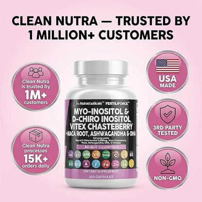 Clean Nutraceuticals Myo-Inositol & D-Chiro Inositol 2050mg Fertility Supplement 40:1 Ratio - Prenatal Vitamins for Women with Ashwagandha Maca Root Vitex Chasteberry Iron DHA Folic Acid DIM Zinc (1)