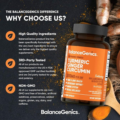 Turmeric Curcumin Supplement with Black Pepper & Ginger Root 1000mg | Optimized Formula 95% Curcuminoids Curcuma | Joint Health & Inflammation Support | 60 Capsules Powder Filled