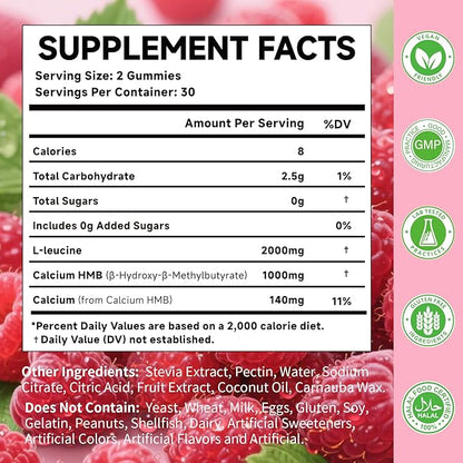 HMB & L-Leucine Gummies with Calcium, Amino Acid Supplement, L Leucine Supplements for Men & Women, Raspberry Flavor, 60 Count