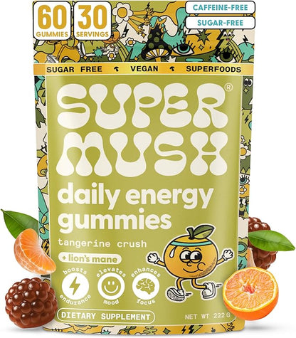 SuperMush Energy Mushroom Gummies - Organic Lions Mane Supplement with Cordyceps, Rhodiola, L-Theanine, Maca - Vegan & Sugar-Free - Energy, Focus, Stamina, Stress Reduction - 60 Gummies (30 Servings)