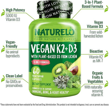 NATURELO Vitamin D3 K2 - Vegan with Plant Based D3 from Lichen - Natural Supplement for Immune System, Bone Support, Heart Health - Whole Food - Non-GMO - Gluten Free, 60 Capsules